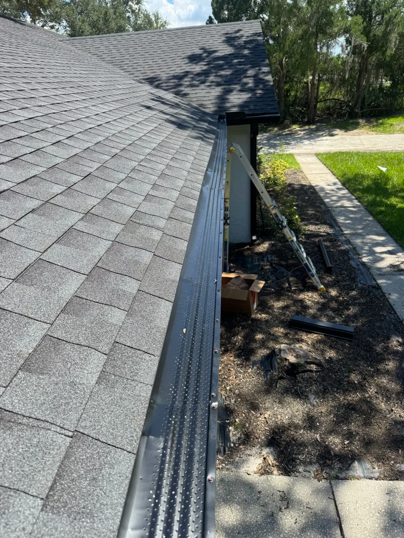 Black perforated gutter guard installed along a dark gutter beneath an asphalt-shingle roof