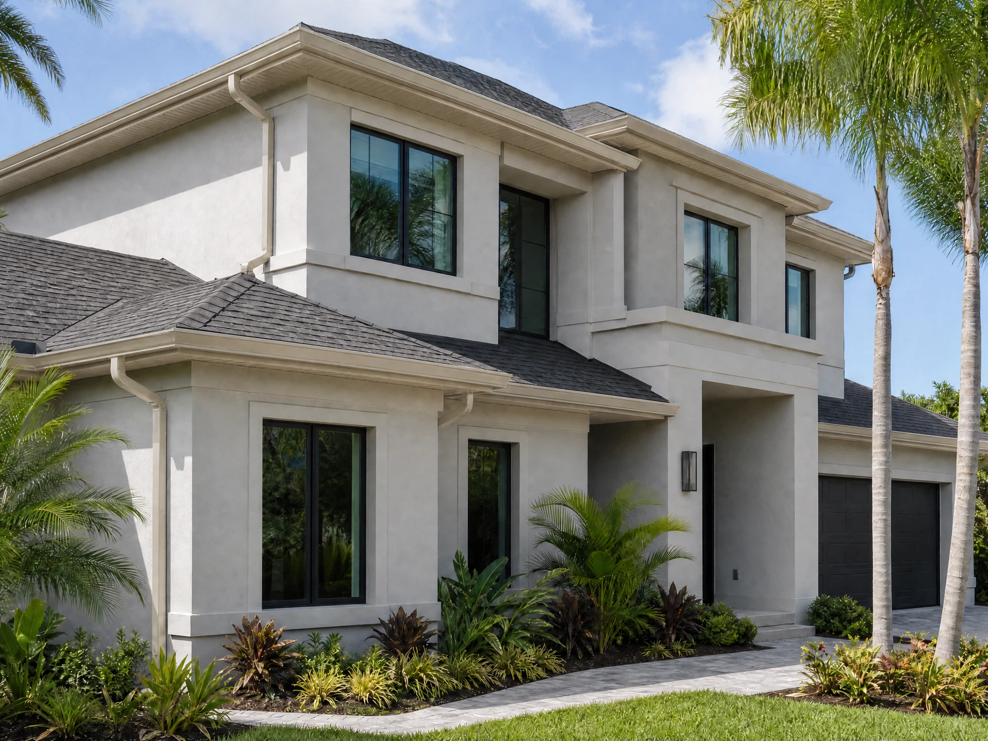 Conceptual Florida home preview with Almond seamless gutters and downspouts