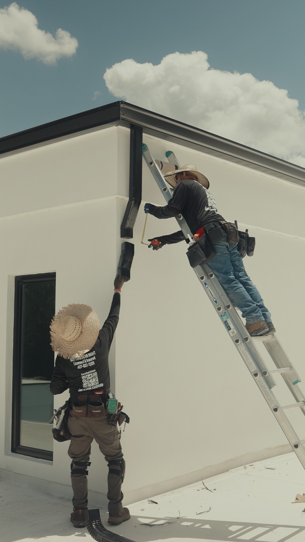 PrimeFlow installers fitting a black downspout and gutter on a white stucco home
