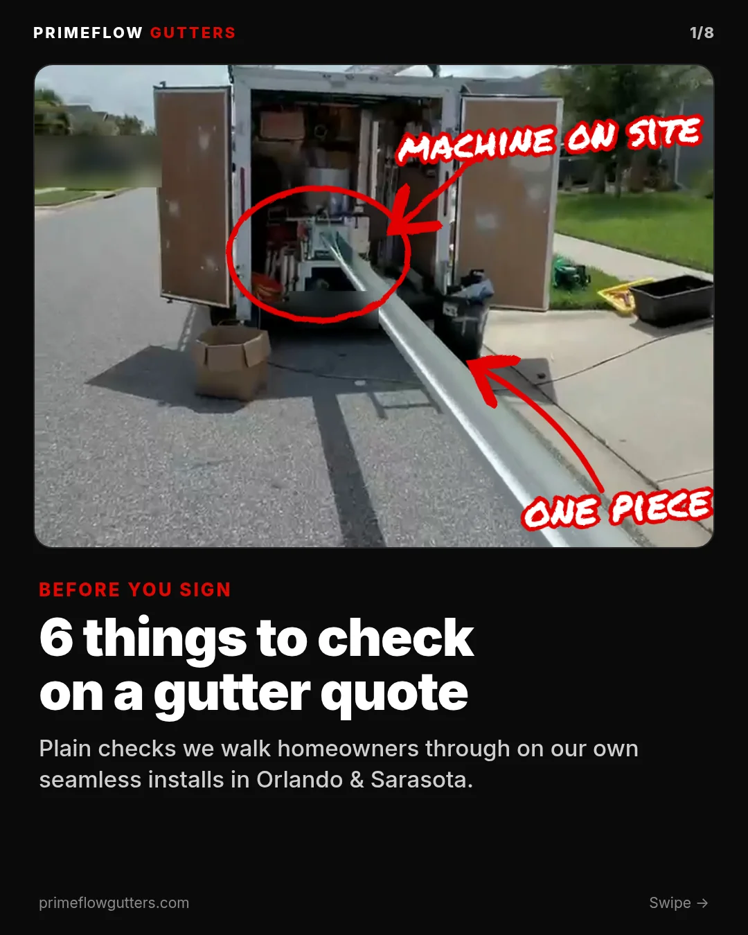 PrimeFlow Gutters carousel cover on a red and black background. The title reads 6 things to check on a gutter quote, before you sign, beside a small gutter drawing.
