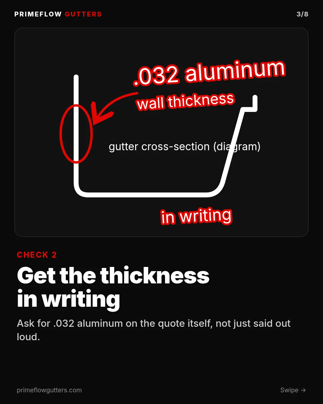 Carousel slide 2, Gutter thickness in writing. The text says to ask for .032 aluminum, written on the quote, not just said out loud.