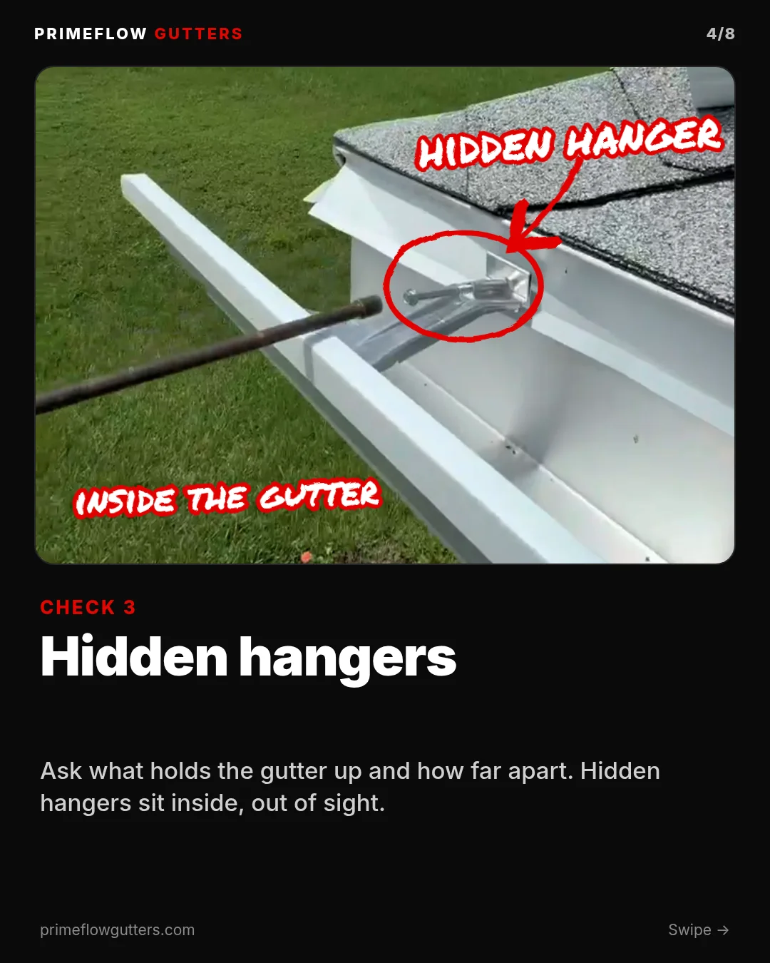 Carousel slide 3, Hidden hangers. The text says to ask what holds the gutter up and how far apart, and that hidden hangers sit inside, out of sight.