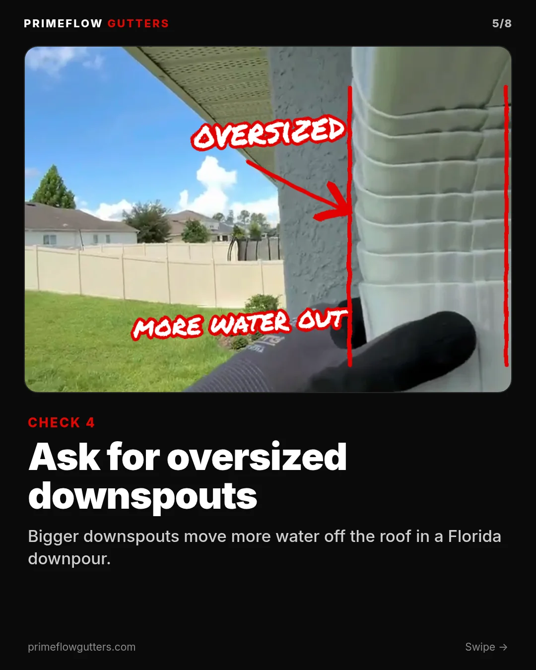 Carousel slide 4, Oversized downspouts. The text says bigger downspouts move more water off the roof during heavy Florida rain.