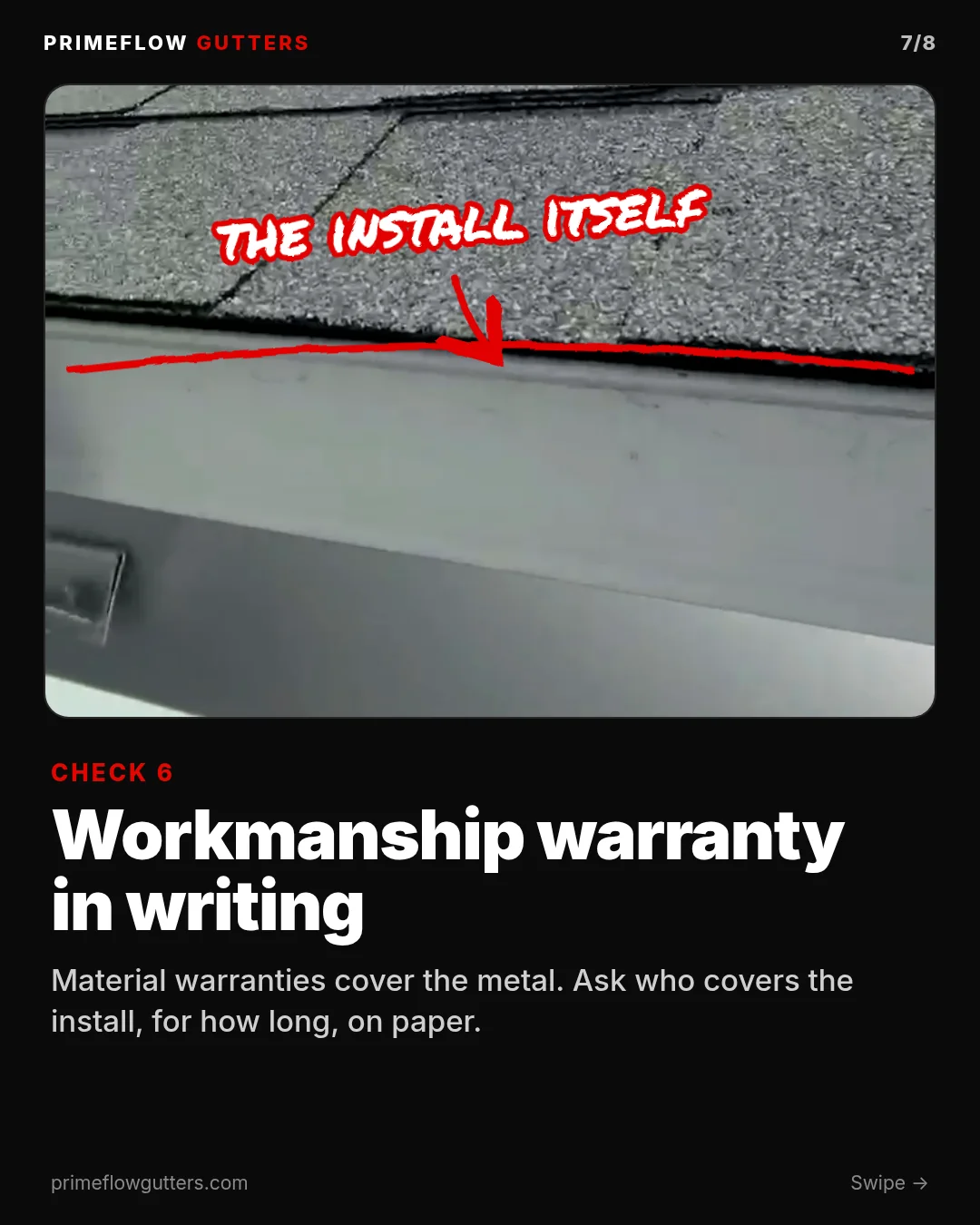 Carousel slide 6, Workmanship warranty in writing. The text says material warranties cover the metal, a workmanship warranty covers the install, and to ask how long and get it on paper.